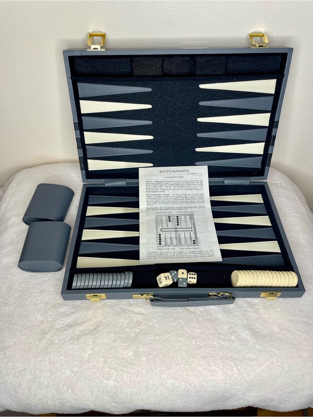 Vintage Cardinal Backgammon Game Faux Leather Travel Case Complete Gray Ivory